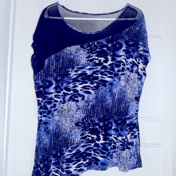 Tops - Blue Animal print asymmetrical top with black sheer for women 2X